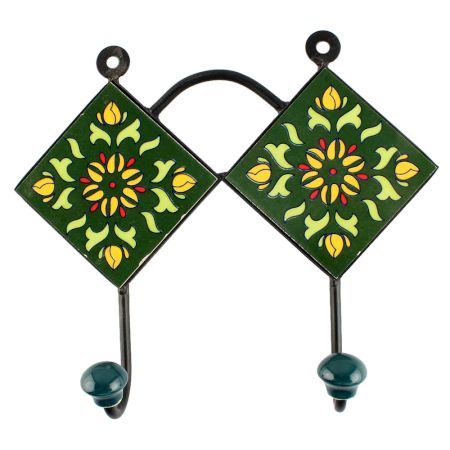 Ceramic Floral tile Hook in Forest Green